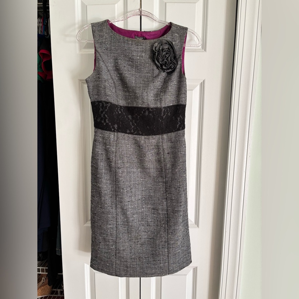 Muse Gray Midi Dress with Black Lace and Pink Trim